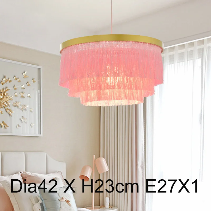 Dia42 H23cm E27X1 Пятиуровневая люстра с бахромой, цветная Золотая люстра, светильник ing, для девочек, комнаты, спальни, свадьбы, хлопковая нить, внутренний подвесной светильник - Цвет абажура: Dia42 H23cm E27X1