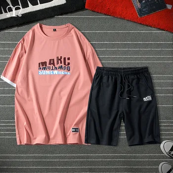 

Men Streetwear Set Hip Hop T Shirt Shorts Mens Sweatshirt Fashion Two PCS Tee Tops Sweatpants Male Tracksuit Sportswear Big Size