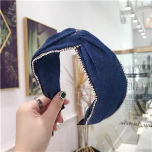 DarkBlue Модные женские джинсовые Стразы полоски для волос завязанные узлом девушки повязки корейский стиль головные уборы женские элегантные аксессуары для волос - Цвет: DarkBlue