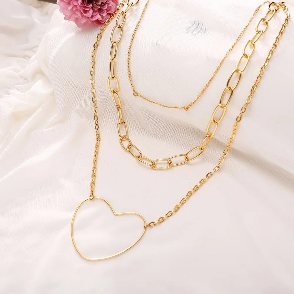 Tenande Punk Style Multi Layer Big Statement Hearts Necklaces& Pendants for Women Chunky Chain Necklaces Femme Bijoux Colliers