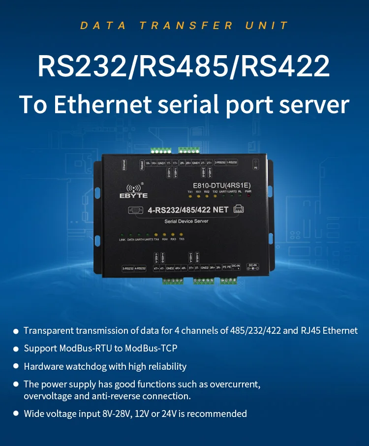 Ebyte Ethernet RS422 RS485 RS232 Ethernet 4 канала последовательный Порты и разъёмы сервер 32-битный процессор с протоколом Modbus RTU ptz-камеры UDP TCP приемопередатчик данных