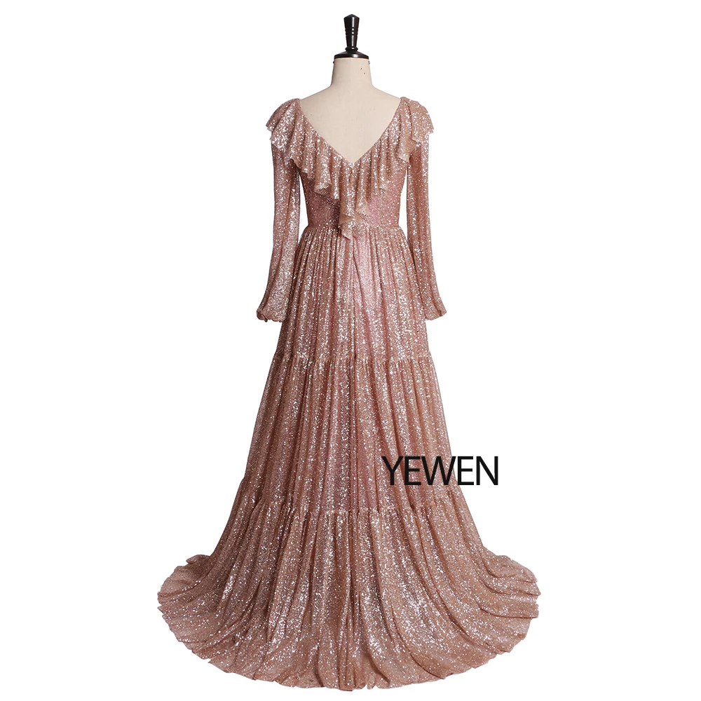 Сексуальные королевские розовые вечерние платья с длинным рукавом, Блестящие Блестки, а-силуэт, официальное платье для женщин, элегантные вечерние платья, robe de soiree
