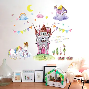 

Cartoon Fairy tale world castle wall stickers beautiful princess unicorn dragon clouds kids room decor girl bedroom wall decals