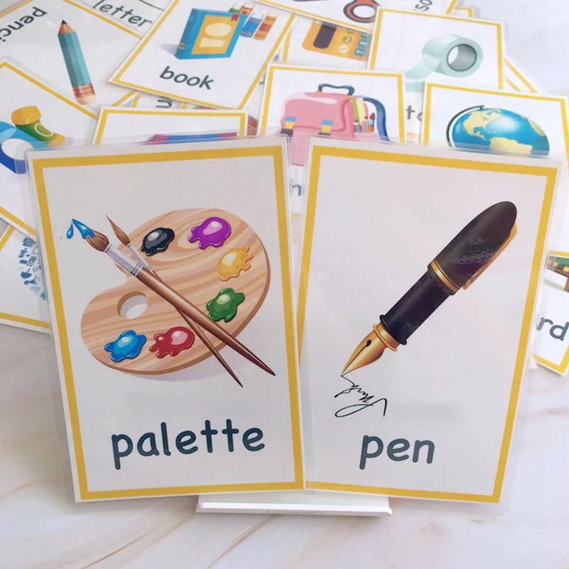 

26pcs Kids Stationery Class Flash Cards Learn English Cognitive Word Cards Pencil Book Montessori Educational Memory Toys