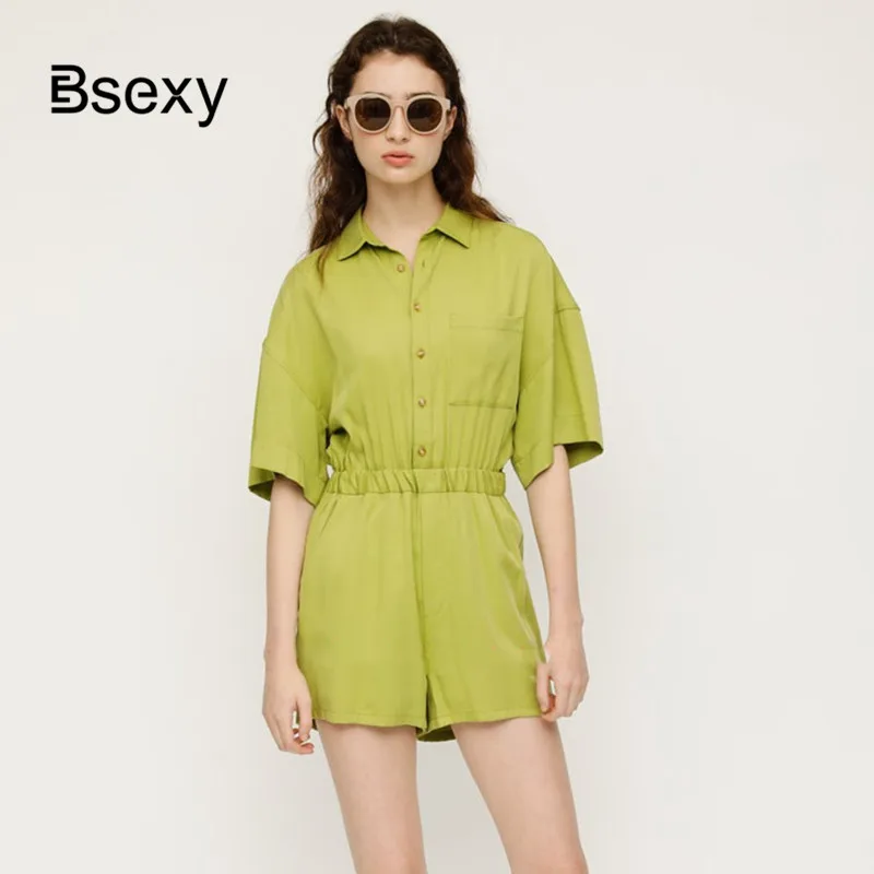 

Casual Avocado Green Jumpsuit 2019 Fashion Turn-Down Collar SHort Sleeve Buttons Up Elastic Waist Playsuit WOmen SHort Overalls