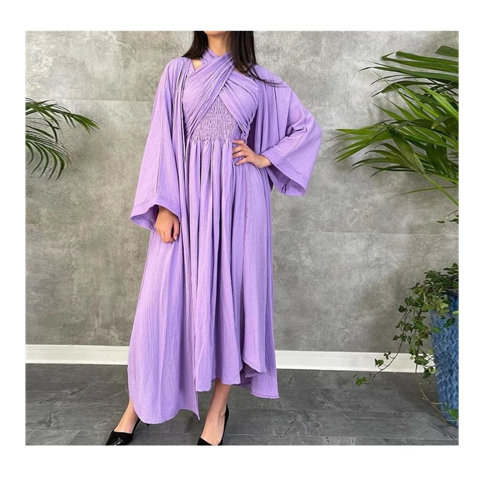 Eightree Lavender 2021 Saudi Arabia Long Sleeve Prom Dress Detachable Cloak Cross Neck Tea Length Pleated  Elegant Party Gowns