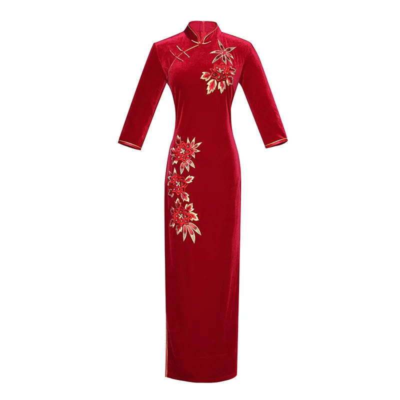 Черное женское велюровое длинное платье Cheongsam с цветочной вышивкой в китайском стиле с воротником-стойкой Qipao тонкие Вечерние платья на пуговицах Vestido - Цвет: Красный