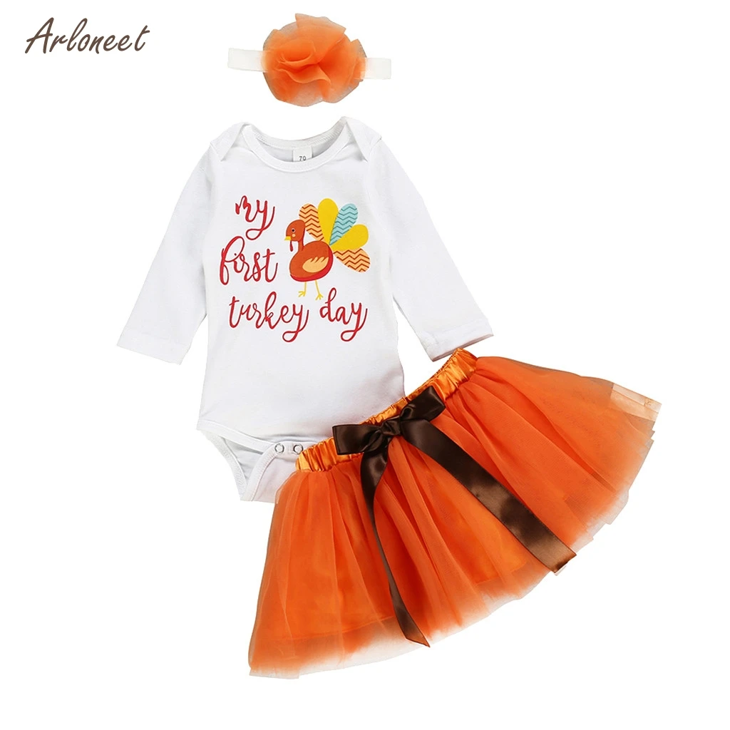 

ARLONEET newborn baby Girl clothes long sleeve Thanksgiving letter turkey print romper jumpsuit+tutu tutu skirt+hair band sets