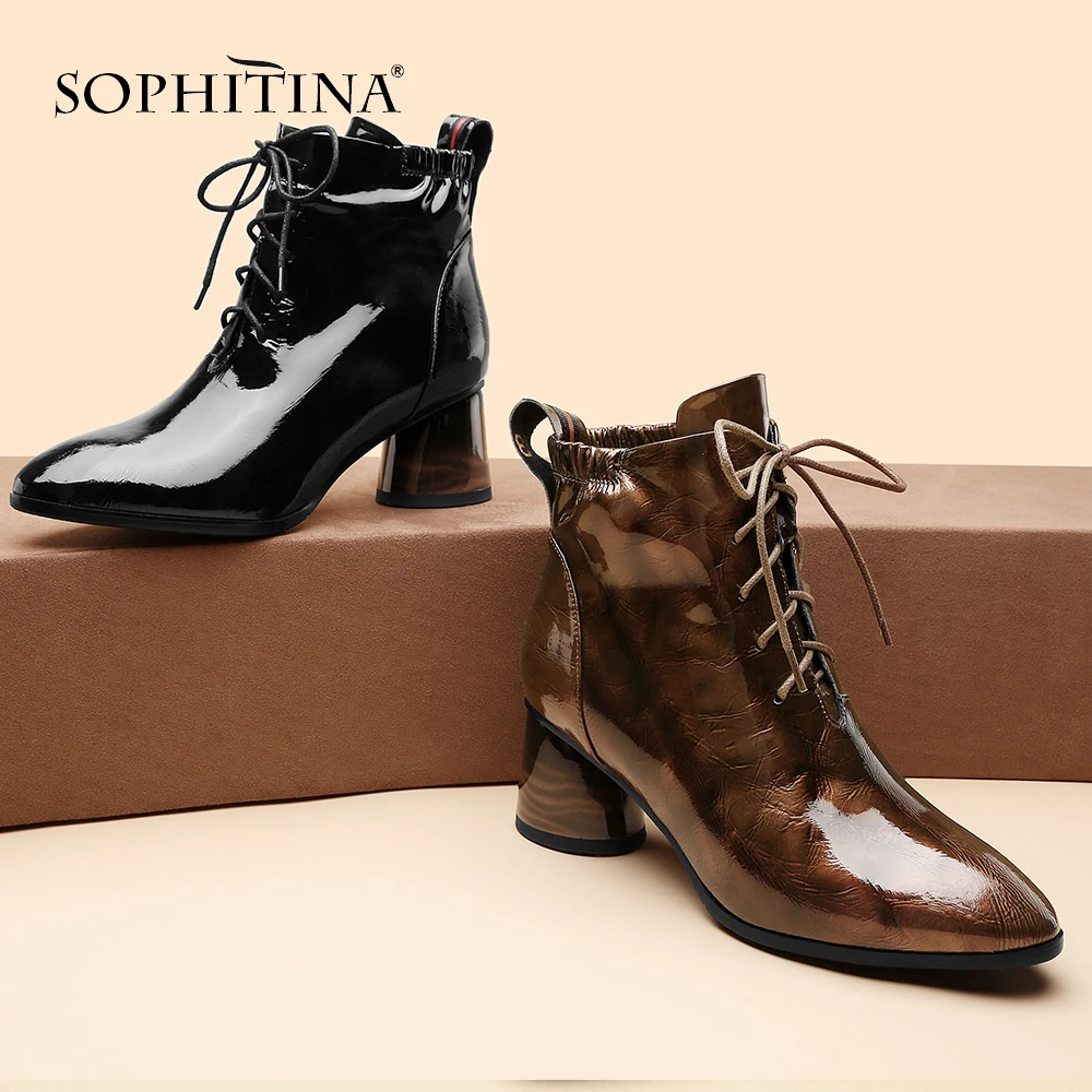

SOPHITINA Fashion Sexy Patent Leather Boots Pointed Toe Cross-tied Comfortable Square Heel Shoes Hot Sale New Ankle Boots MO264