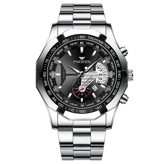 FNGEEN Luxury Men's Watches Stainless Steel Band Fashion Waterproof Quartz Watch For Man Calendar Male Clock Reloj Hombre S001 Silver Black