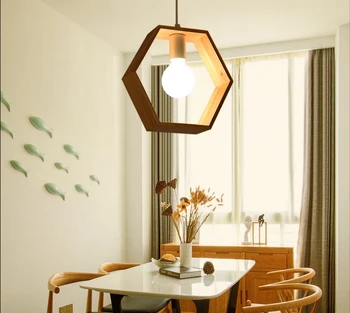 

Sale Novelty modern led pendant light square hexagon triangle shape wood lamp ceiling home deco kitchen cozy creative dining