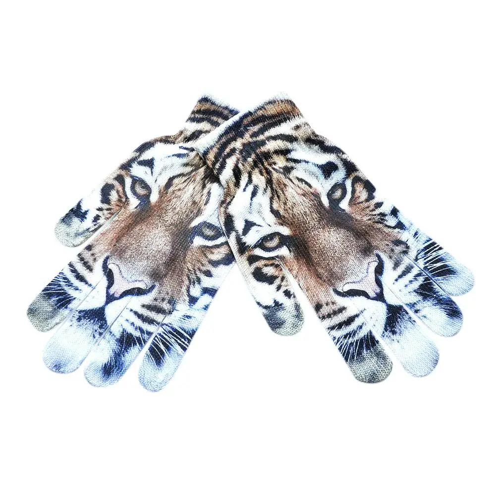Brown tiger Studyset зимние теплые вязаные перчатки сенсорный экран полный палец 3D печать узор мягкие Холодостойкие перчатки сохраняет тепло - Цвет: Brown tiger