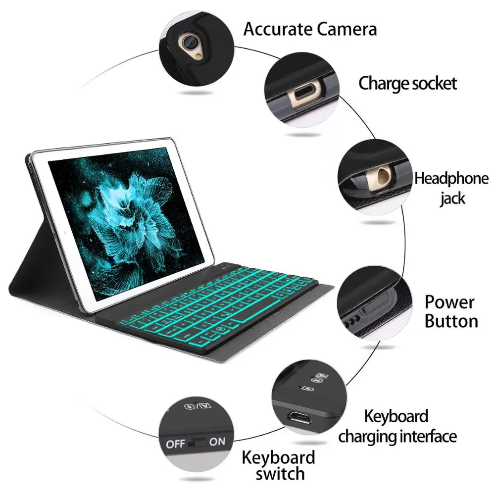Чехол для iPad 6th 9,7 Чехол 7 цветов bluetooth-клавиатура с подсветкой чехол для iPad 6th 9,7 русская испанская клавиатура