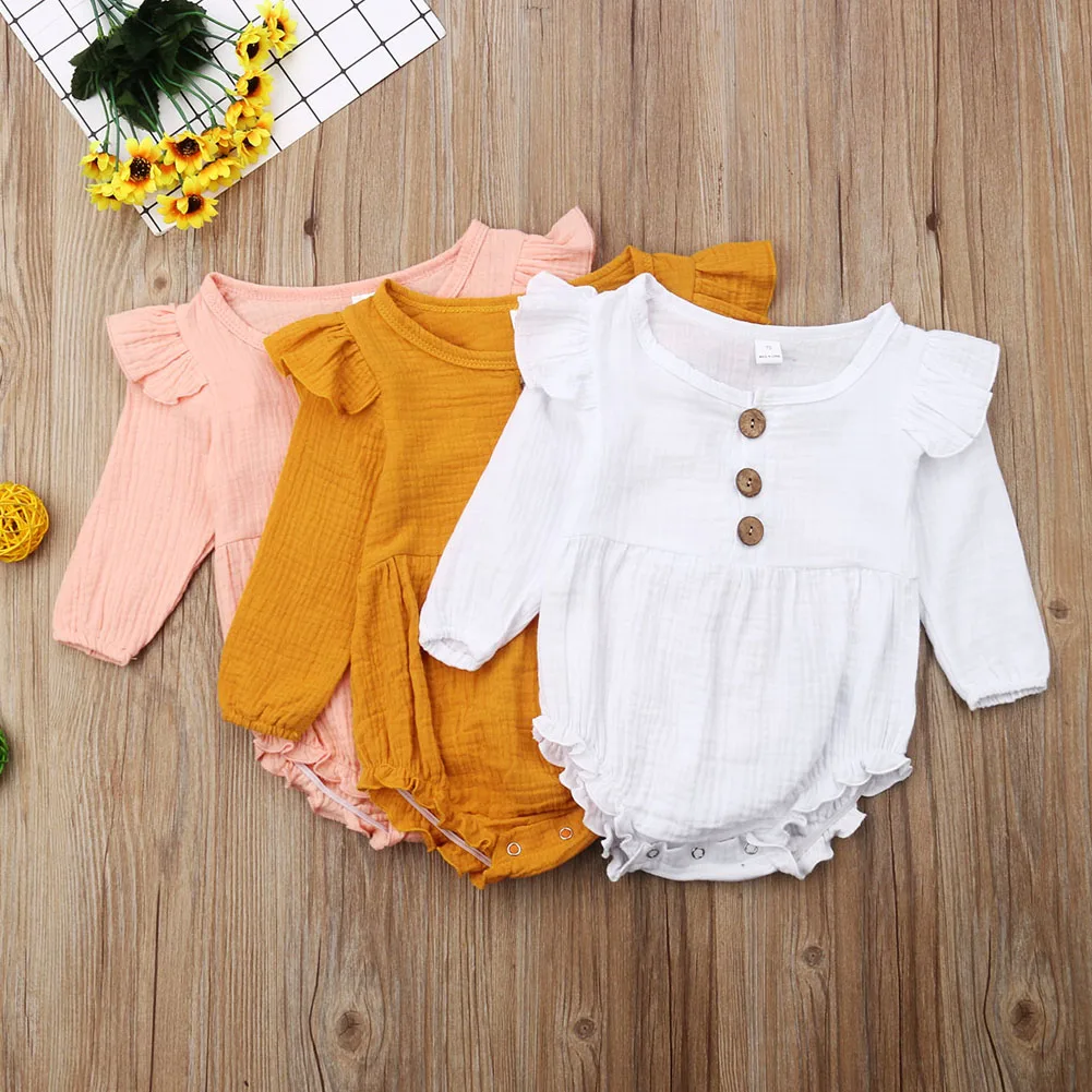 Toddler Newborn Baby Girl Bodysuit Infant Autumn Long Sleeve Jumpsuit Summer Round Neck Solid Ruffle Cute Buttons Clothes