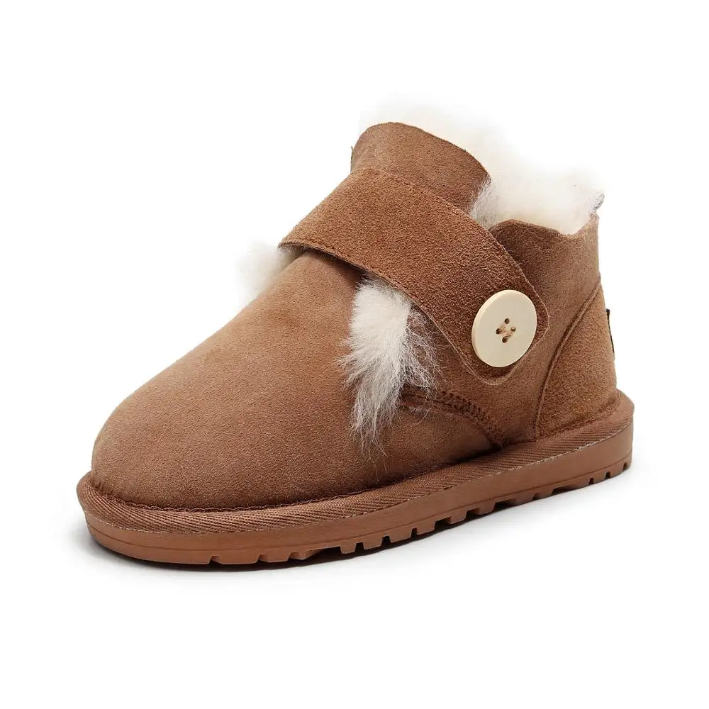 Зимние ботинки; детская обувь; Теплые ботильоны из овечьей кожи с натуральным мехом; зимняя повседневная обувь на плоской подошве без застежки; Теплая обувь на толстом меху - Цвет: camel