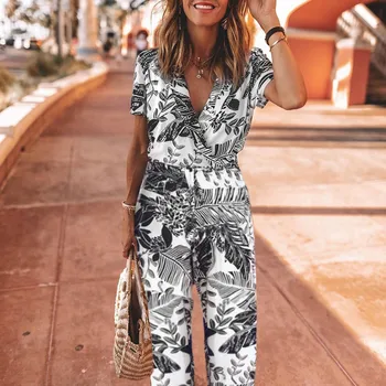 

Elegant Leaf print Jumpsuit Women Summer vintage V Neck beach holiday Playsuit Short Sleeve Brief daily Rompers 3.18
