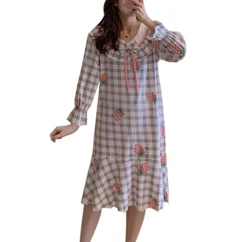 

Summer Women Cotton Night Dress Cute Print Homewear Plaid Female Nightgown Long Female Girl Sweet Homewear