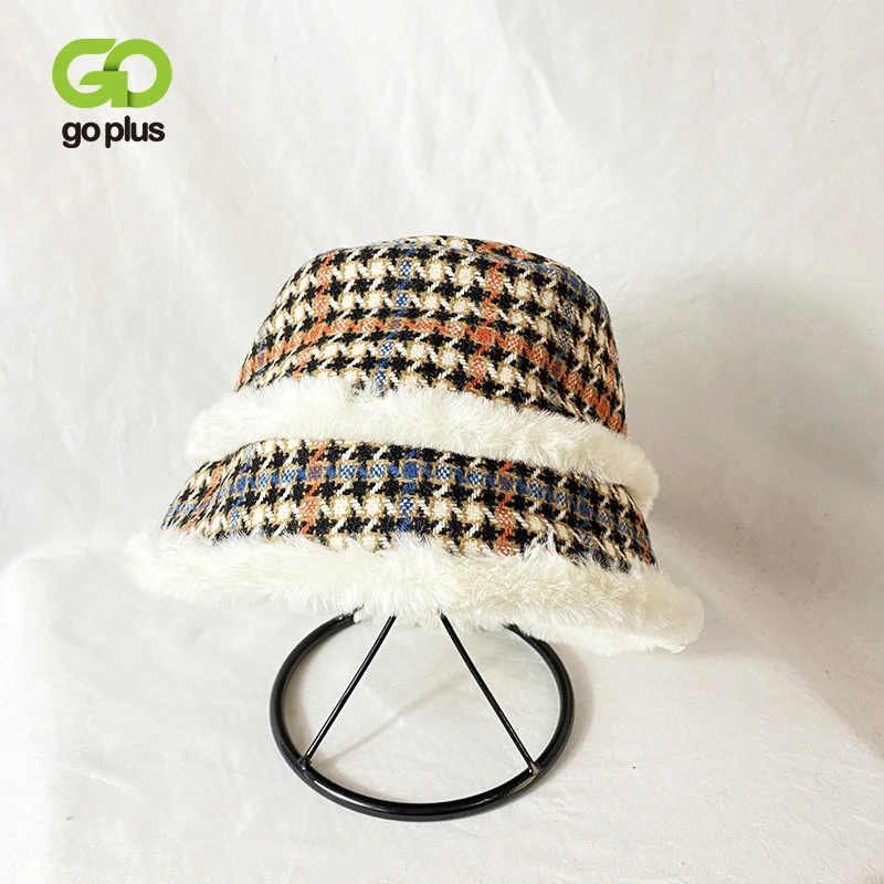 

Winter Women's Buckets Womans Plaid Korean Style Warm Hats with The Scarf Czapka Zimowa Sombreros De Mujer Chapeau Femme