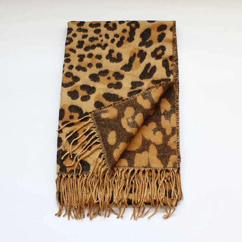 Высокое качество дизайнерский кашемировый шарф женский леопардовый принт зимние толстые шали женские мягкие теплые кисточки большой Пашмины Пончо