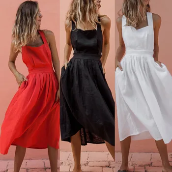 

2020 New Summer Fashion Solid Office Lady Midi Dress Women's Sexy Backless Sleeveless Pleated High Waist Dresses Button Pockets