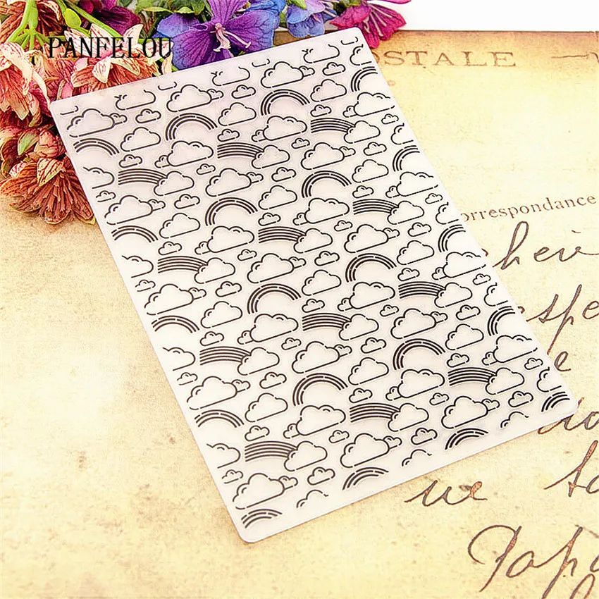 

PANFELOU 12.6x17.8 Rainbow clouds Embossing folders Plastic For Scrapbooking DIY Template Fondant Cake Photo Album Card Making