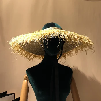 

New big long beard side empty top straw hat big brim hat photo shade beach hat female tideTassel hat
