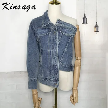 

Women Streetwear Fold Over Asymmetric One Shoulder Bomber Jeans Jackets Harajuku Long Sleeve Short Denim Coat Irregular Outwear