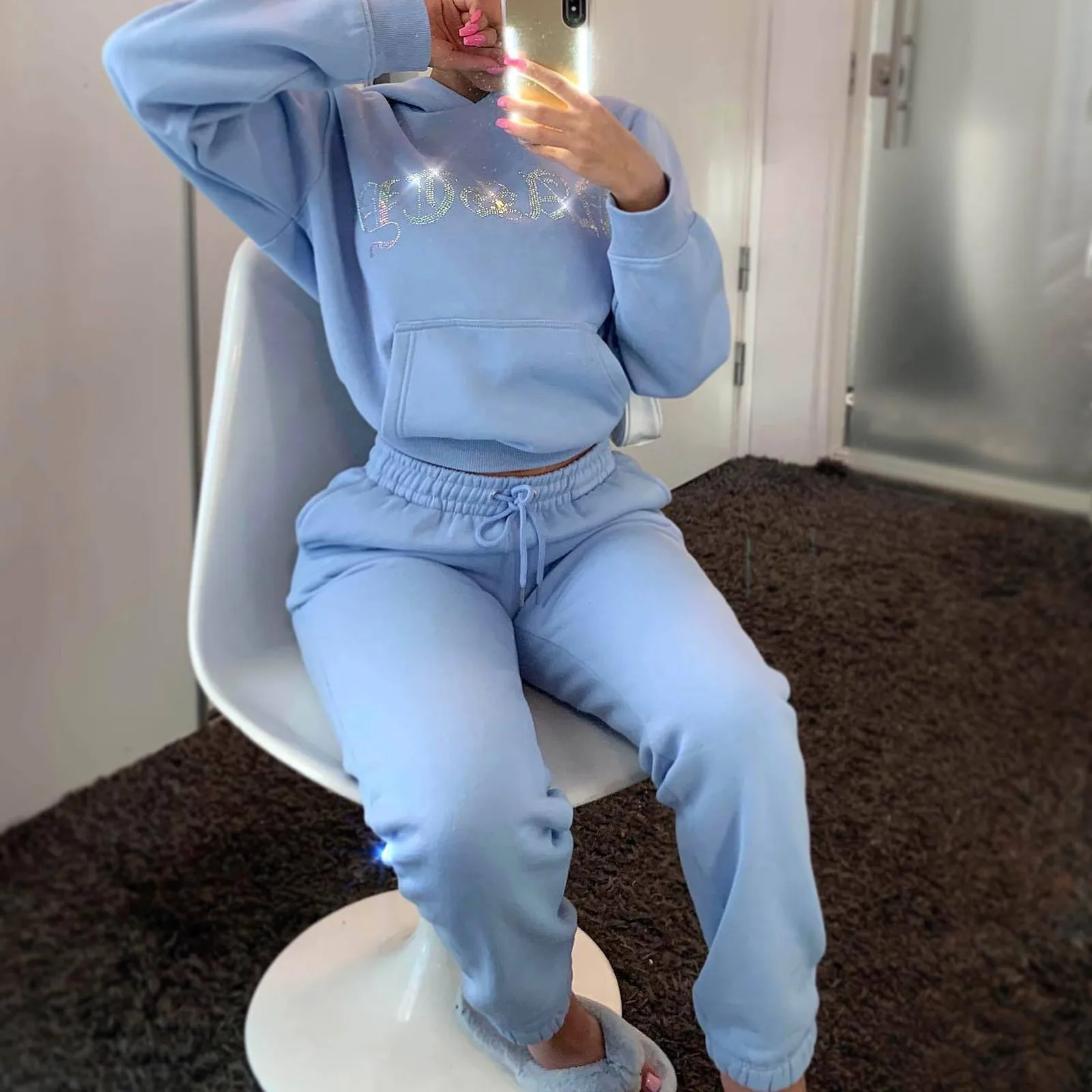 Fashion Women's Sports Casual Hooded Tracksuit Suit Autumn Winter Stamping Sweatshirt Set Two Piece Set Casual Set 2