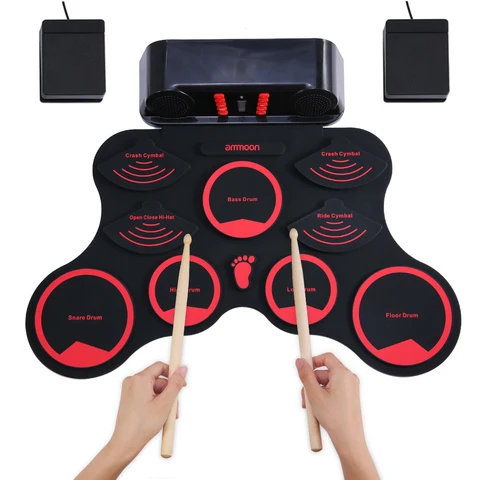 Conjunto de Tambor Digital de Tambor Midi com Almofadas Embutidas e Estéreo de Silicone Bateria de Lítio Ammoon Eletrônico Portátil Conjunto Alto-falantes 9
