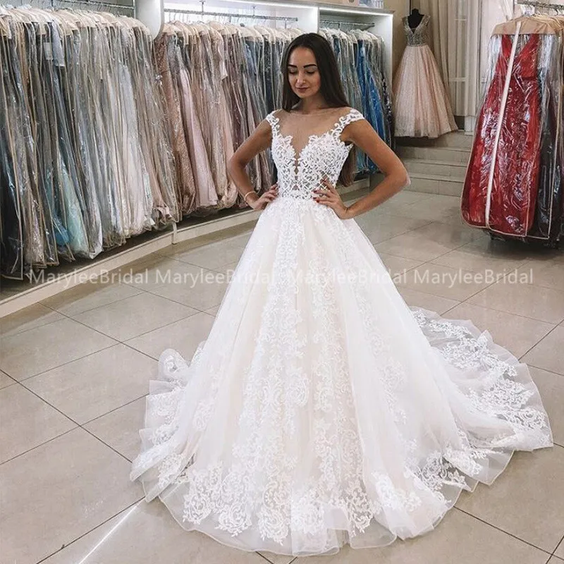 Cap Sleeves Wedding Dress Sheer Scoop Neckline Princess A Line Floral Lace Appliques Backless Tulle Ukraine Bride Gown | Свадьбы и