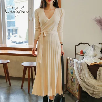 

Ordifree 2020 Autumn Winter Women Knitted Pleated Dress Long Sleeve Office Lady Long Sweater Dress
