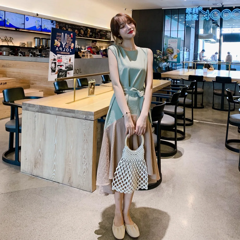 

Photo Shoot 2019 Summer New Style Korean-style Fashion Retro CHIC Wind Hem Joint Irregular Slimming Dress Women's