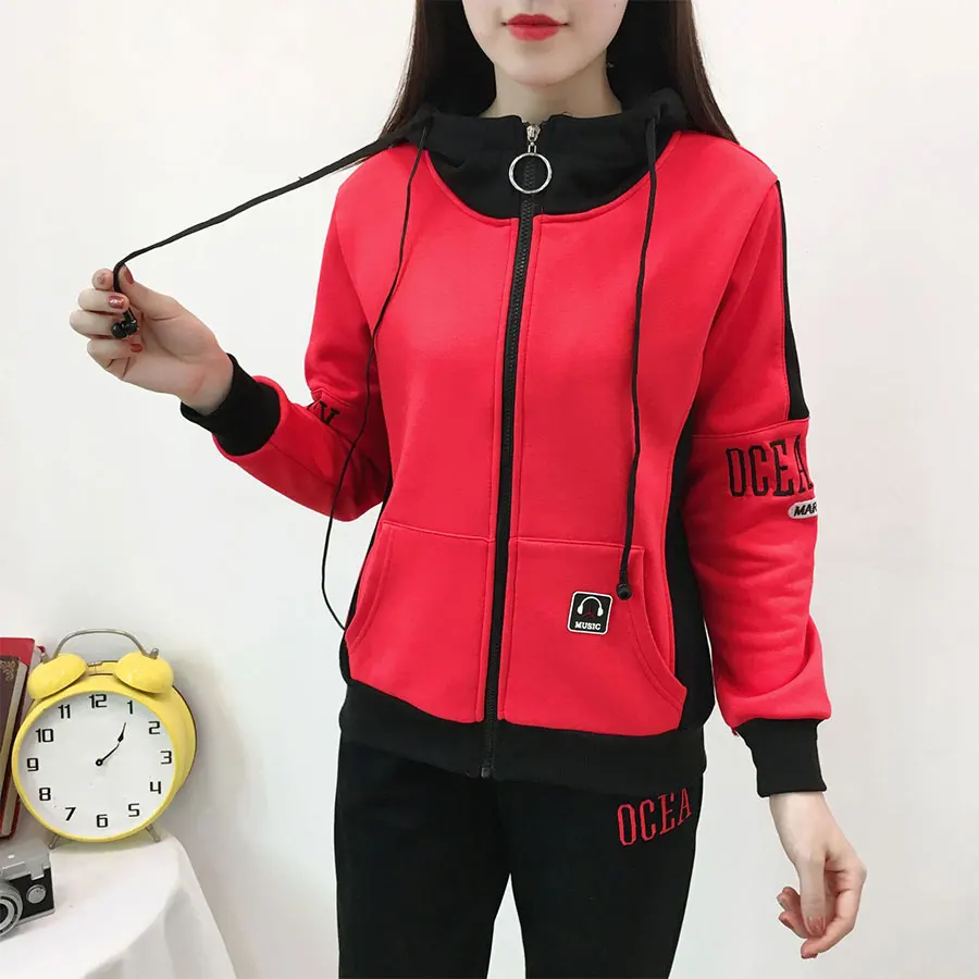 

Flocking Two Pieces Sets Hooded Sweatsuit Women Top And Pant Lace-Up Zipper Tracksuit Letter Fluffy Inside 2 Piece Set Women
