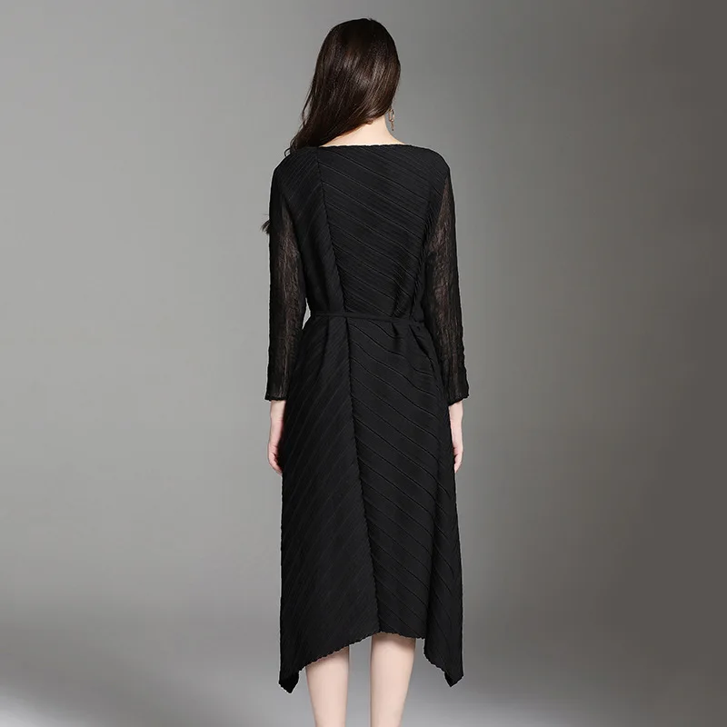 Miyake плиссированные платья, однотонное повседневное свободное платье, женское складное платье с круглым вырезом и длинными рукавами по колено, новое осеннее модное платье
