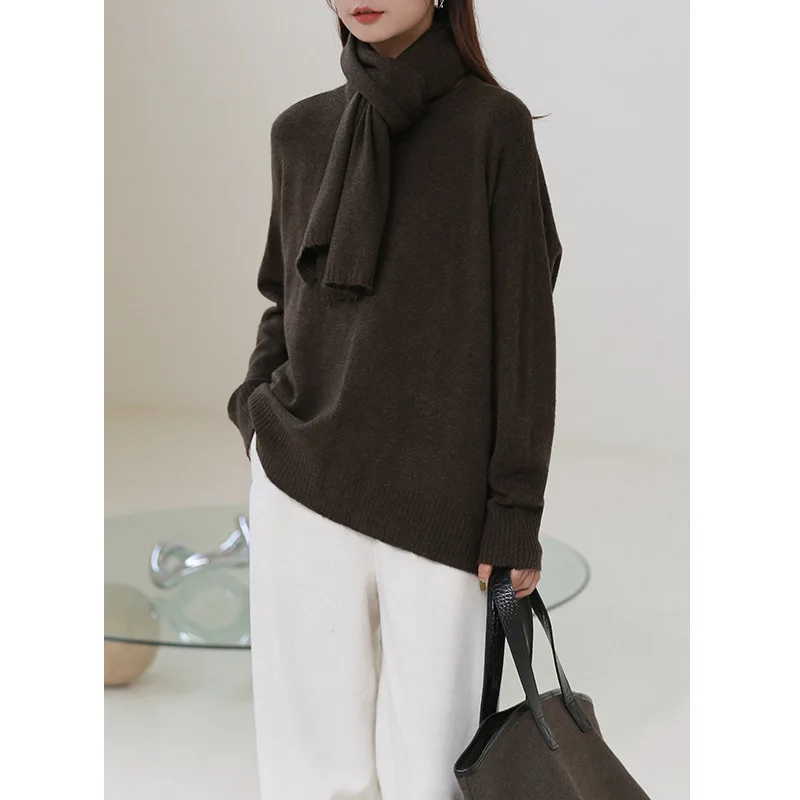  Fashion Scarf Collar Women Sweater and Pullovers 2019 Autumn Winter Vintage Solid Warm Knitted Swea