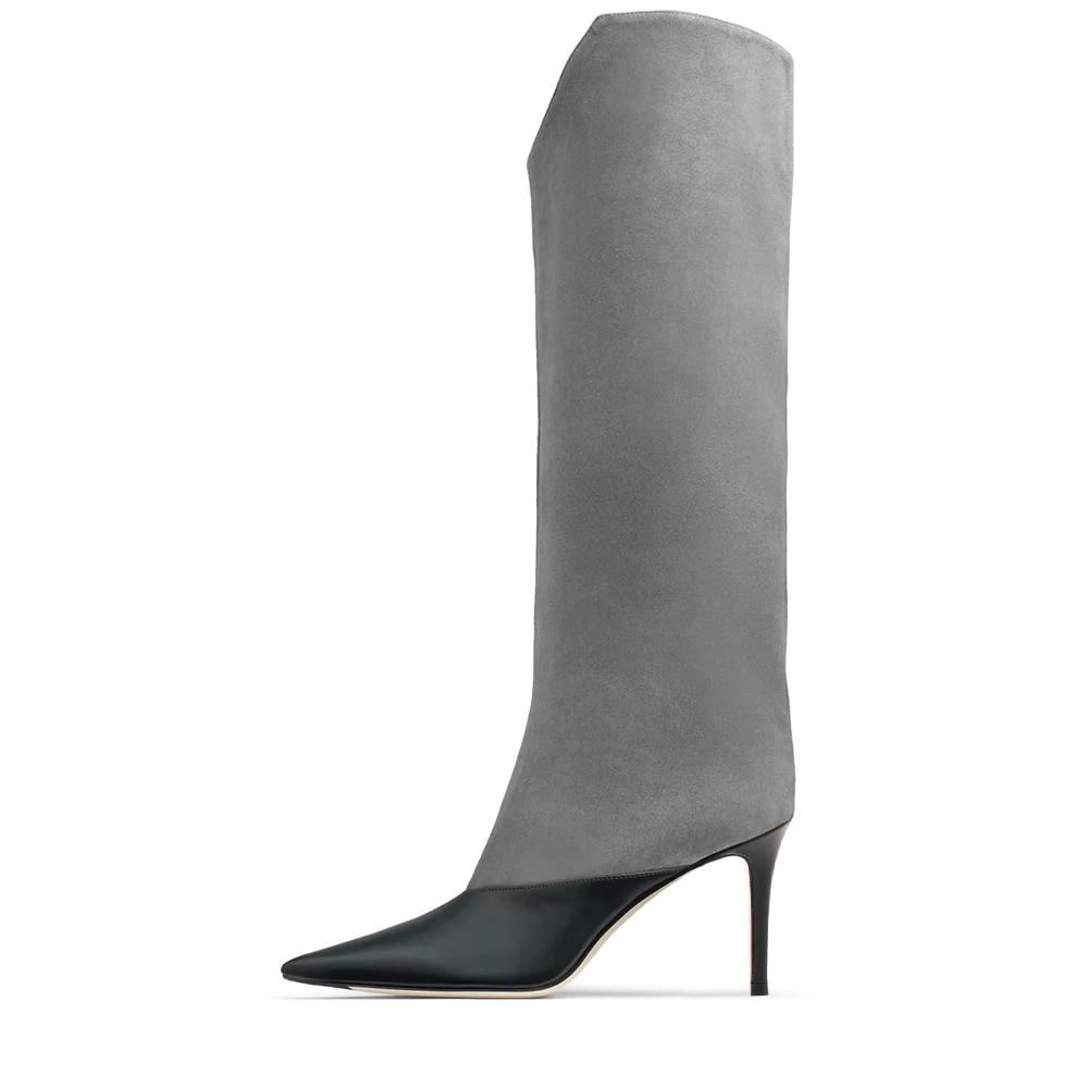 Grey(PU lining) Сапоги до колена женская обувь женские зимние высокие сапоги на высоком каблуке г. Модные женские высокие сапоги с острым носком черного цвета серая искусственная замша - Цвет: Grey(PU lining)