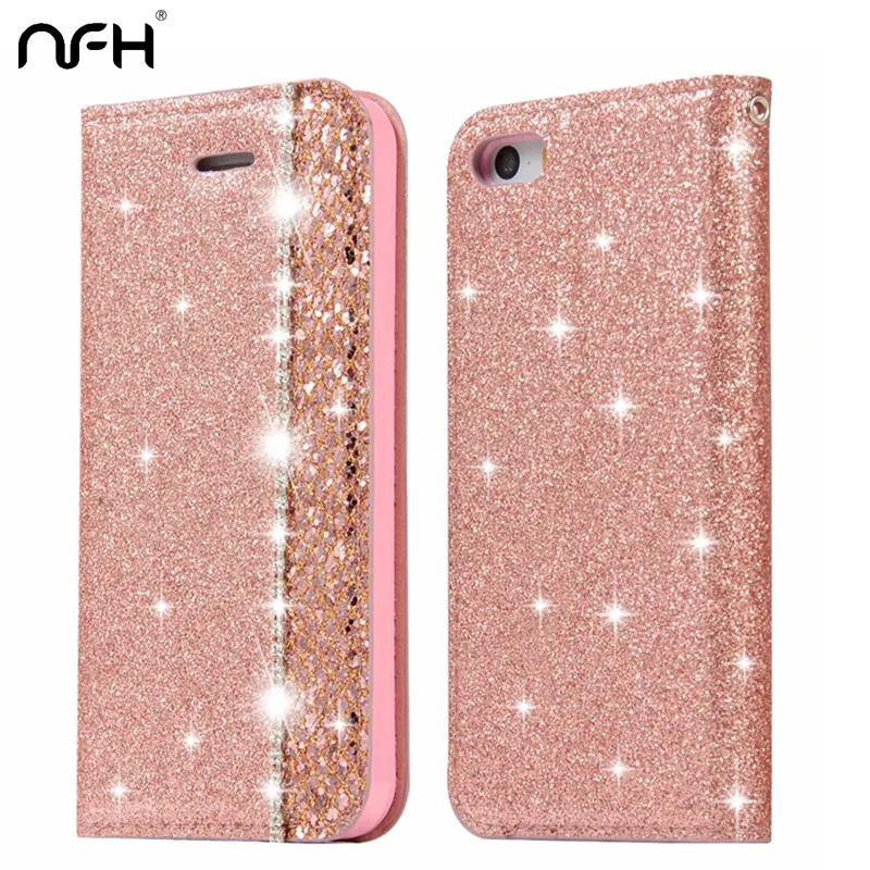 Милый Блестящий флип чехол NFH для телефона iPhone 5 5S 6 6S Plus из искусственной кожи со