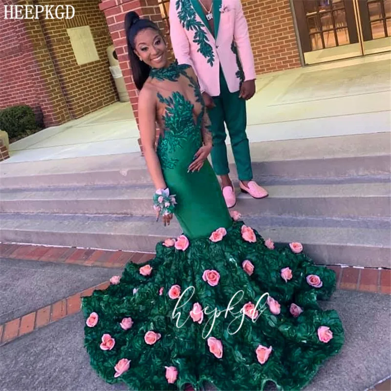 Платье-Русалка женское вечернее с высоким воротом прозрачное зеленое 3D цветами