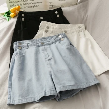

denim cotton women shorts summer new high waist wide leg solid casual all match female slim shorts top quality