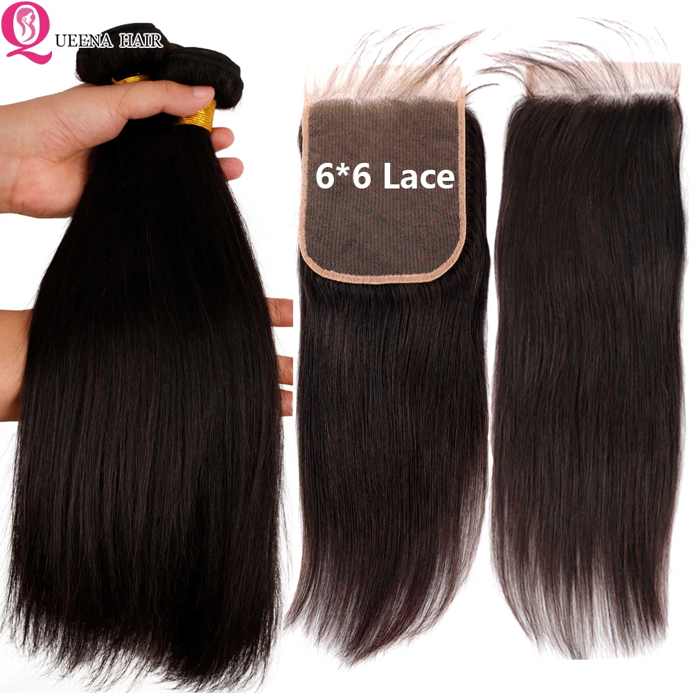 

6*6 Lace Closure With Brazilian Hair Weave Bundles Straight 3 Bundles With 6x6 Closure Pre Plucked Remy Human Hair Extensions