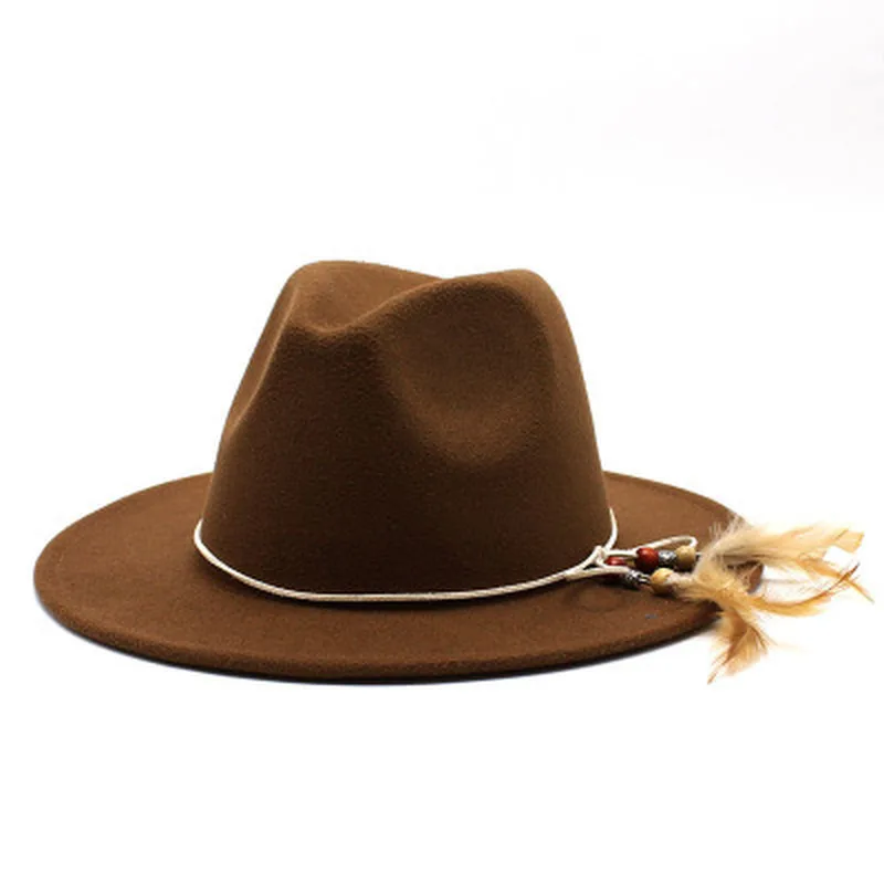 

felt hats new belt rope feather solid jazz caps wide brim top hats winter autumn vintage green white women's hats men fedora hat