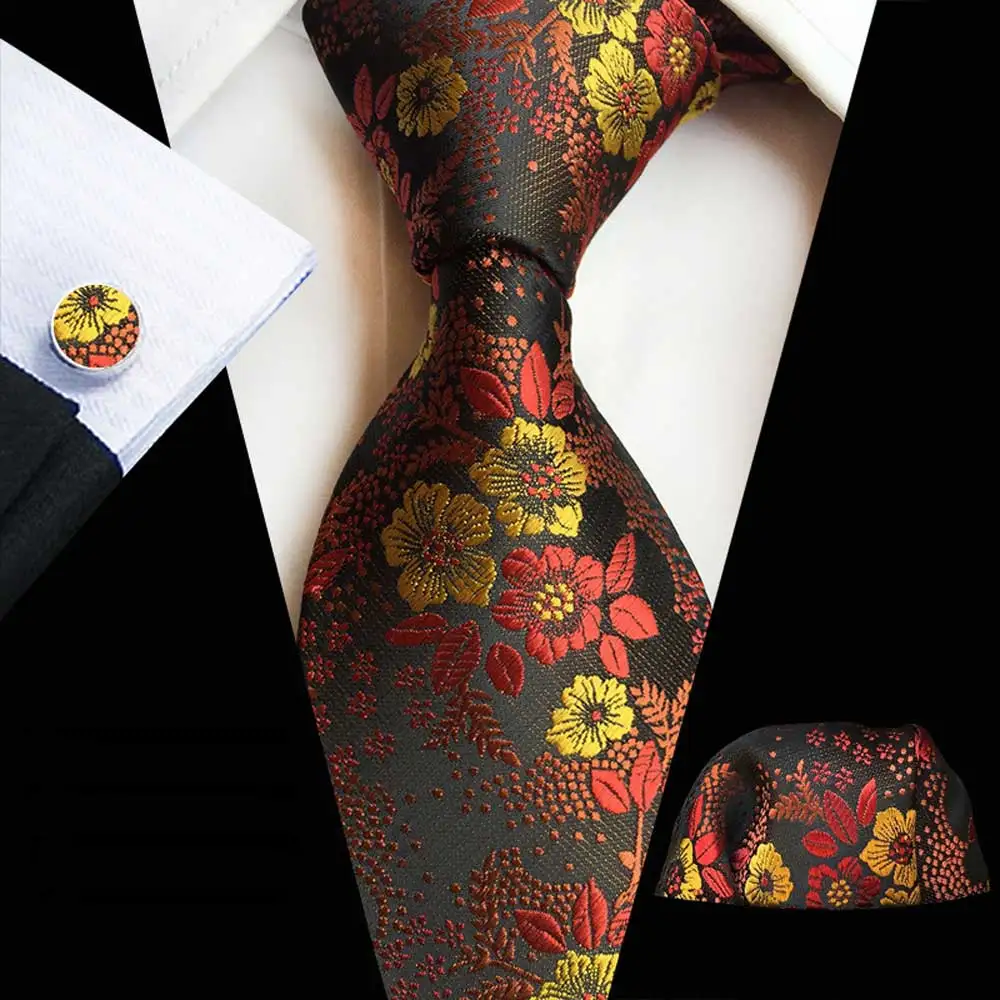  Men’s Tie Pocket Square Cufflinks Colorful Floral Printed Party Handkerchief Set HZTIE0345