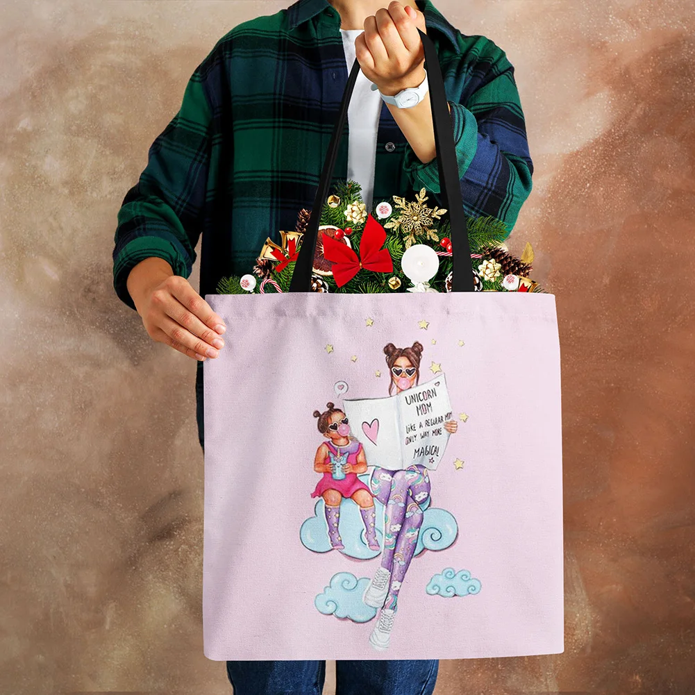 Cute Cartoon Super Mama Print Linen Tote Bag Reusable Shoulder Bags Mom and Baby Folding Women Casual Handbags Lady Fabric Totes shoulder bag canvas tote bag