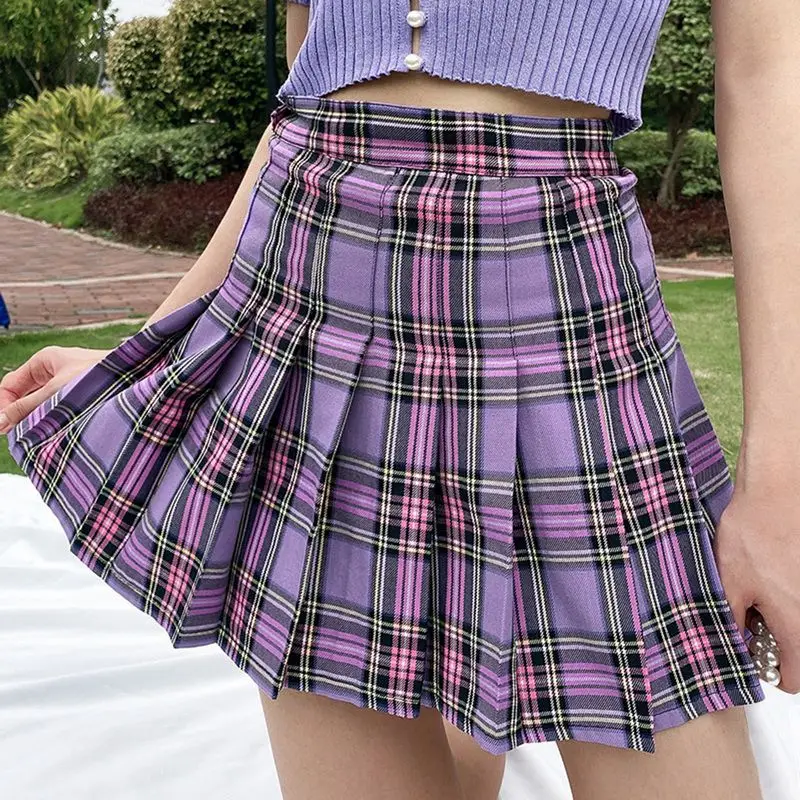 HEFLASHOR-minifalda plisada morada para mujer, Falda corta a cuadros Kawaii, informal, de cintura alta, 2021