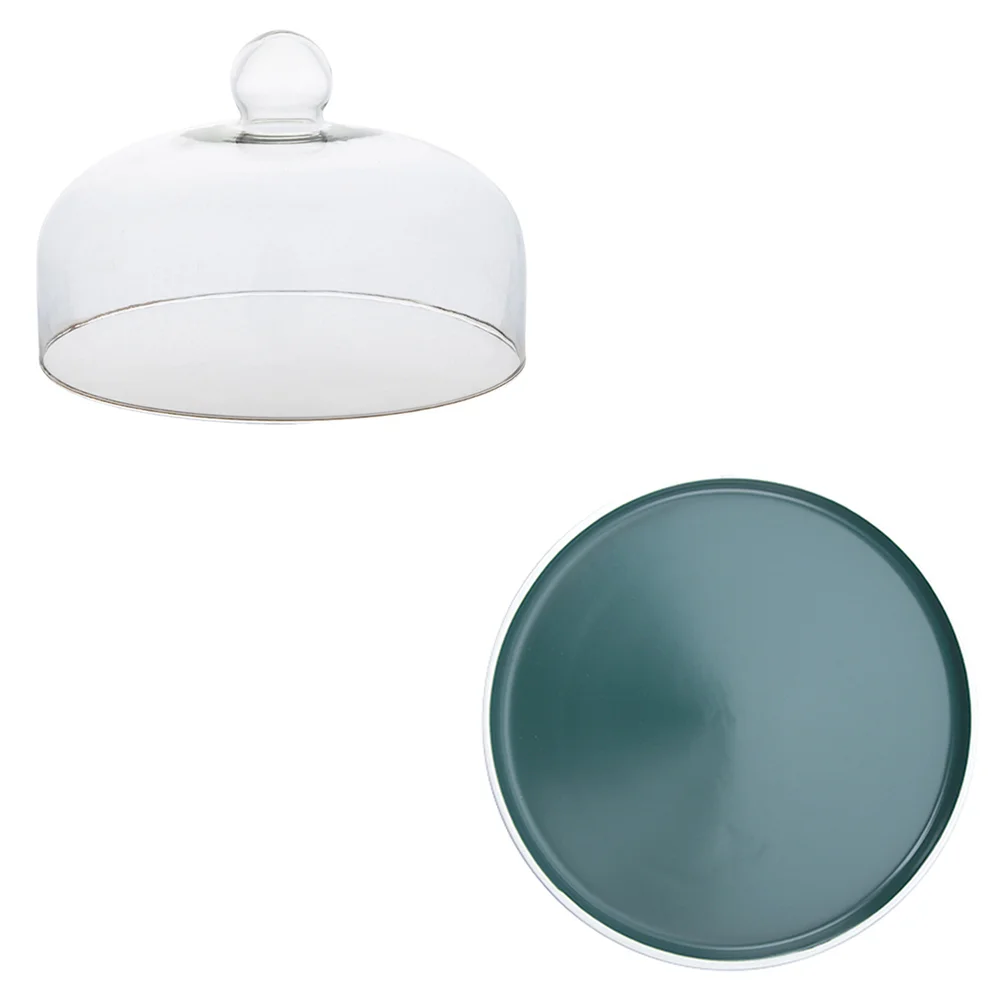 1 Set of Glass Food Cover with Ceramic Plate Decorative Tray Round Food