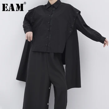 

[EAM] Women Black Button Irregular Big Size Blouse New Lapel Long Sleeve Loose Fit Shirt Fashion Tide Spring Autumn2020 1W30201