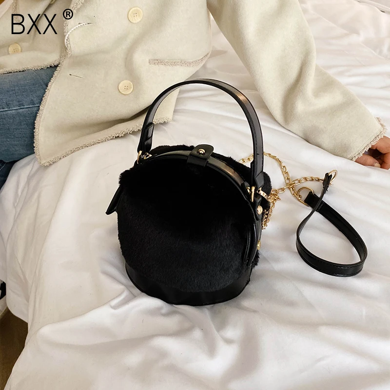 

[BXX] Faux Fur Crossbody Bags For Women 2020 Solid Color Winter Brand All-match Shoulder Messenger Bag Lady Warm Handbags HJ718