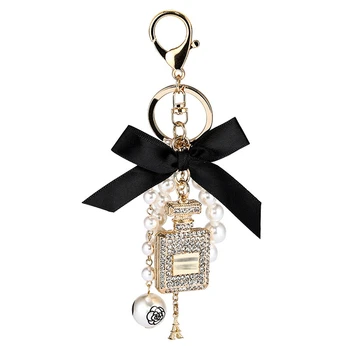 

2020 New Imitation Pearl Perfume Bottle Keychain Car Key Ring Holder Bag Charm Pendant Accessories Bow Key Chain Fashion Keyring