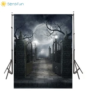 

Sensfun Vinyl Halloween Backdrop Moon Street Light Entrance Holiday Pumpkin Party Photography Background Photo Booth Props 7X5FT