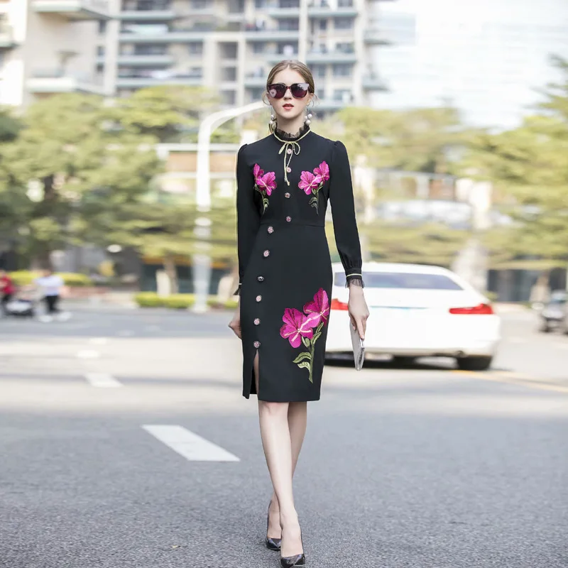 High quality spring summer fashion women's heavy industry embroidered neckline bow buckle slim fit split dress H1085